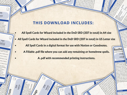 Wizard Spell Cards 5e: D&D Spell Book (Digital Download, SRD Compliant)
