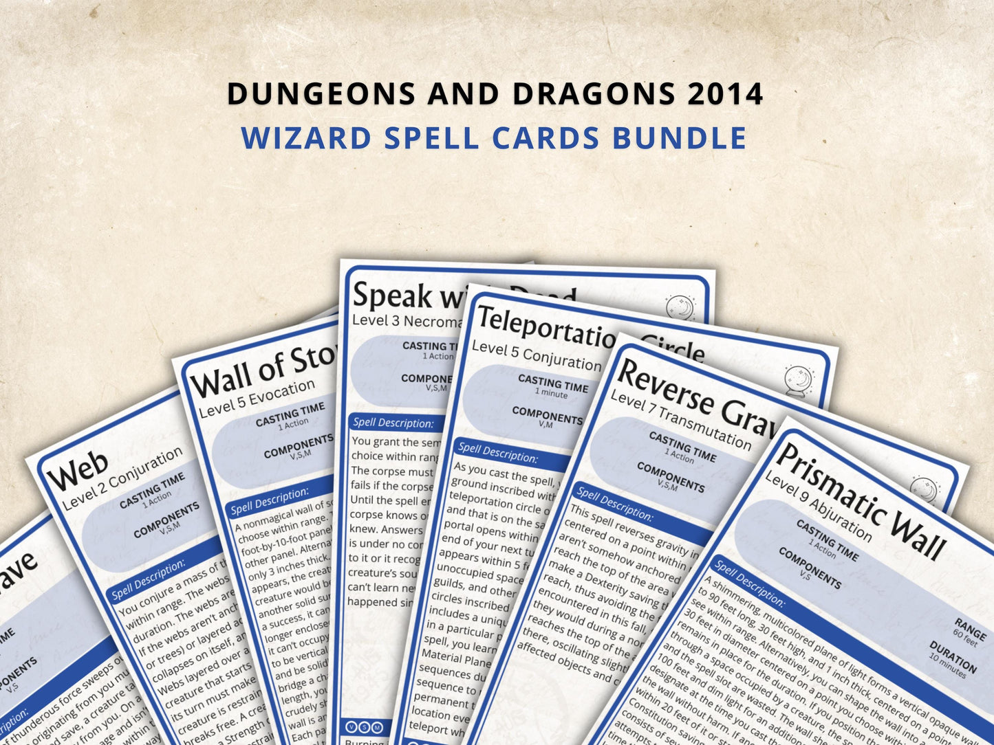 Wizard Spell Cards 5e: D&D Spell Book (Digital Download, SRD Compliant)