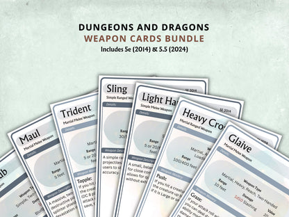 DnD 5e Weapon Cards Bundle, Fillable PDF, Printable Equipment