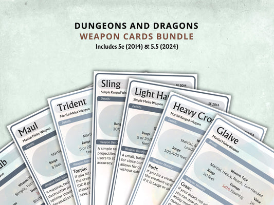 DnD 5e Weapon Cards Bundle, Fillable PDF, Printable Equipment