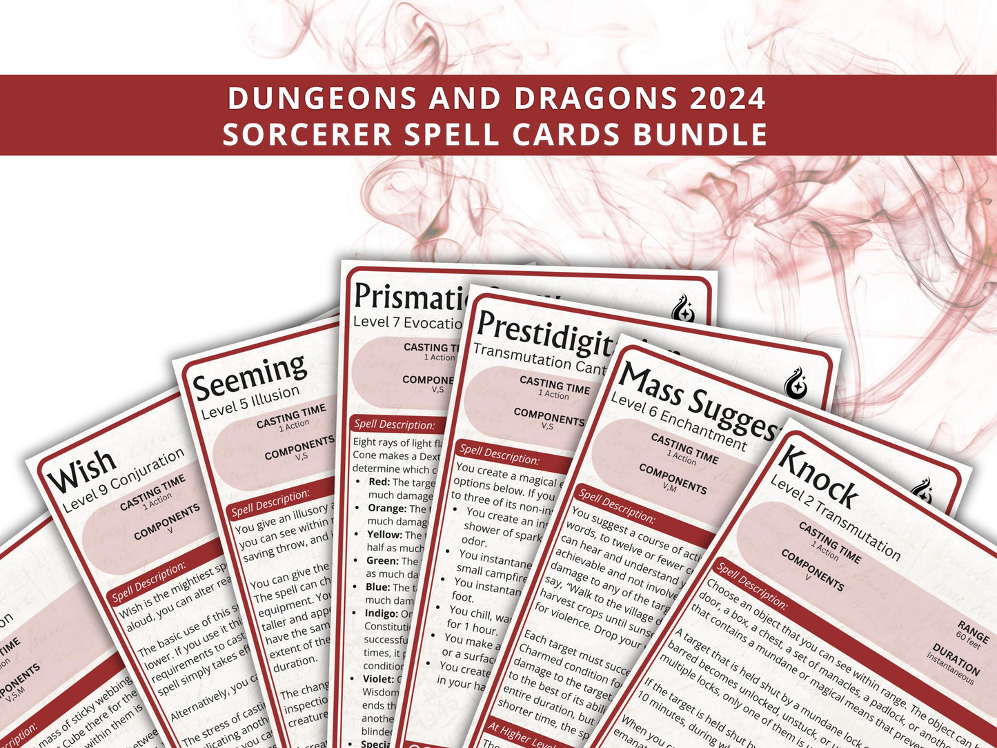 Sorcerer Spell Cards 5e: D&D Spell Book (Digital Download, 2024 Ruleset)