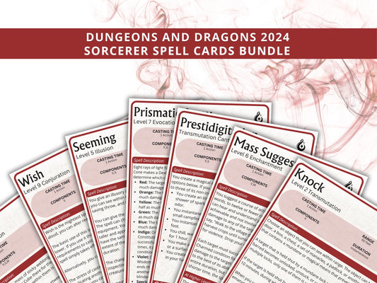 Sorcerer Spell Cards 5e: D&D Spell Book (Digital Download, 2024 Ruleset)
