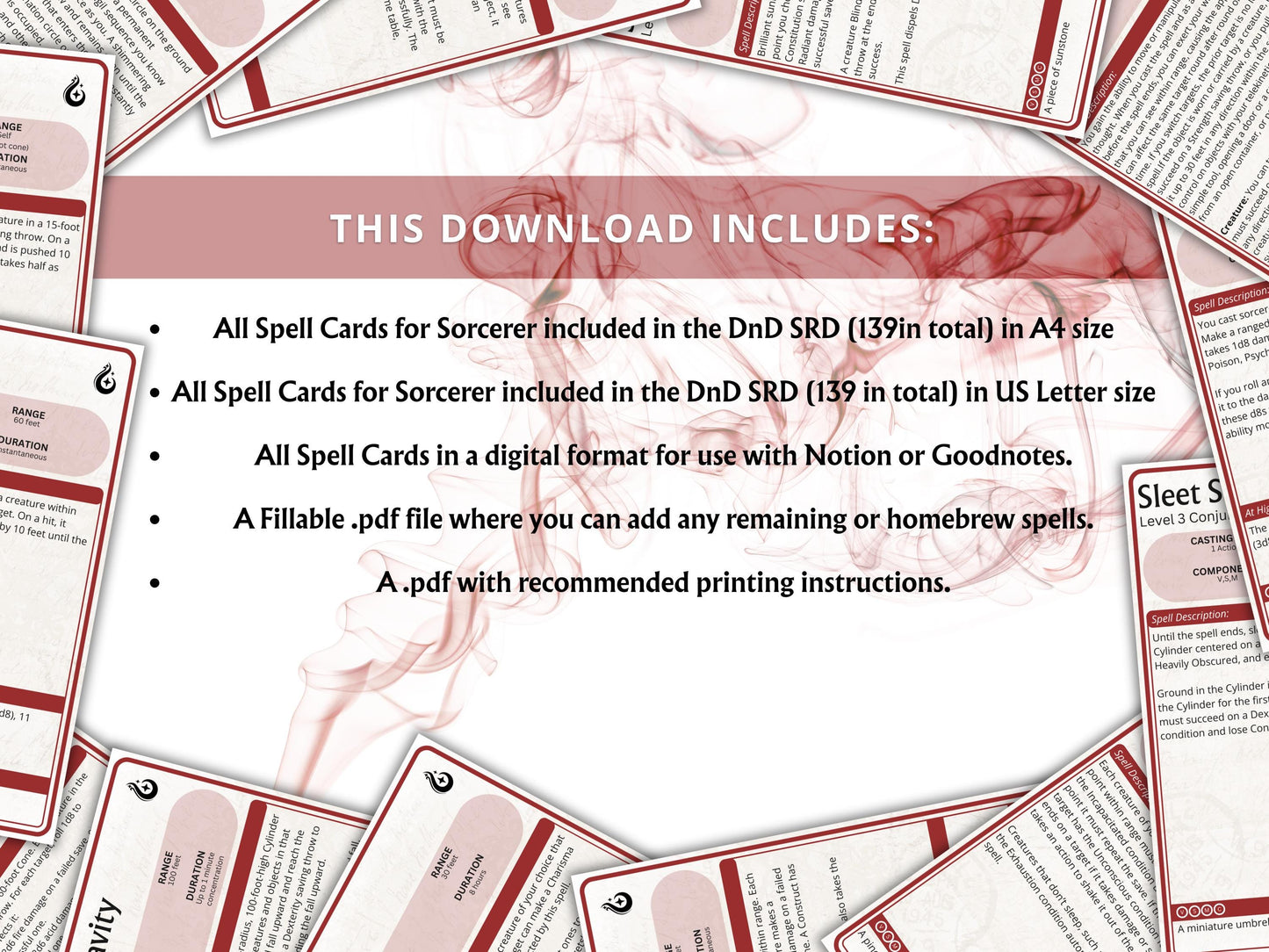 Sorcerer Spell Cards 5e: D&D Spell Book (Digital Download, 2024 Ruleset)