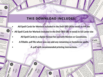 Warlock Spell Cards 5e: D&D Spell Book (Digital Download, 2024 Ruleset)