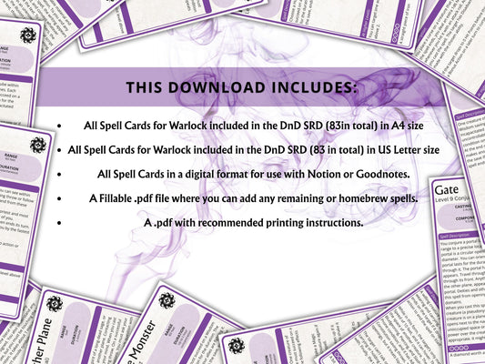 Warlock Spell Cards 5e: D&D Spell Book (Digital Download, 2024 Ruleset)