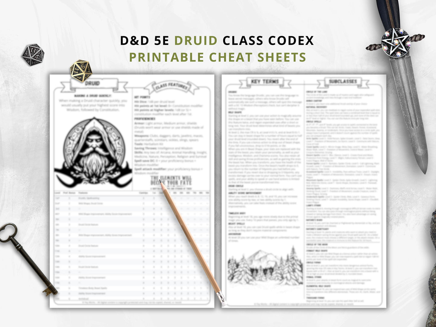 DnD 5e Druid Class Codex Printable | Druid Cheat Sheet | DnD Player Aid PDF | Tabletop RPG Reference