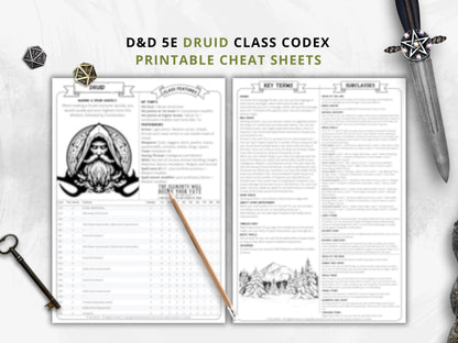 DnD 5e Druid Class Codex Printable | Druid Cheat Sheet | DnD Player Aid PDF | Tabletop RPG Reference