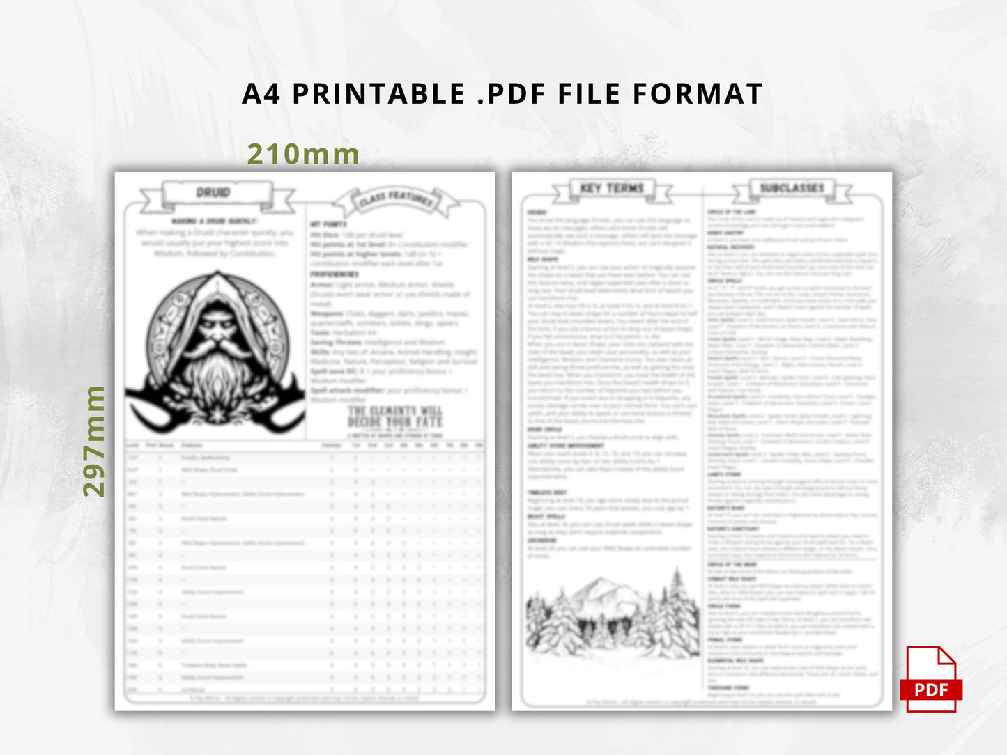 DnD 5e Druid Class Codex Printable | Druid Cheat Sheet | DnD Player Aid PDF | Tabletop RPG Reference