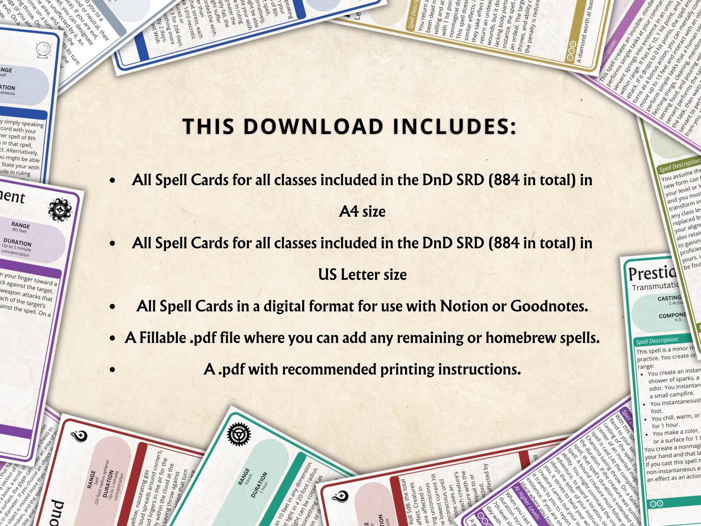 Complete DnD 5e Spell Cards: All Classes, 884 Spells (Digital Download)