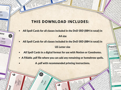 Complete DnD 5e Spell Cards: All Classes, 884 Spells (Digital Download)