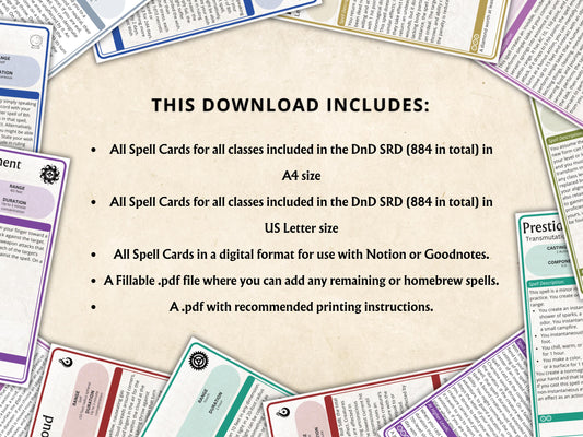 Complete DnD 5e Spell Cards: All Classes, 884 Spells (Digital Download)