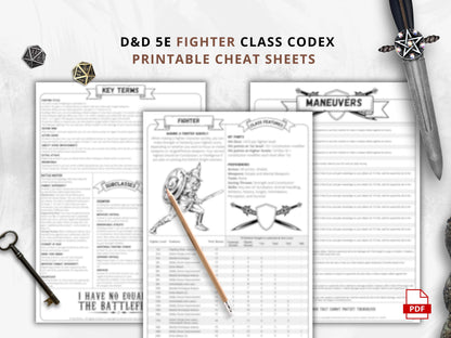 DnD 5e Fighter Class Codex Printable | Fighter Cheat Sheet | DnD Player Aid PDF | Tabletop RPG Reference