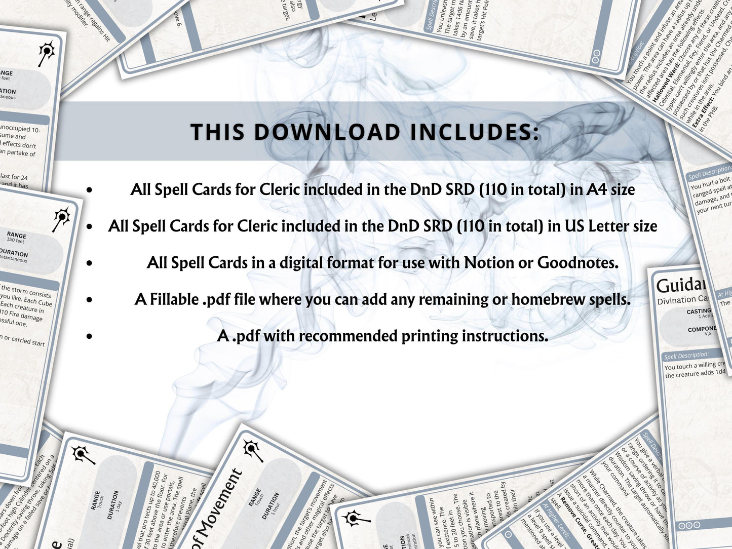 Cleric Spell Cards 5e: D&D Spell Book (Digital Download, 2024 Ruleset)