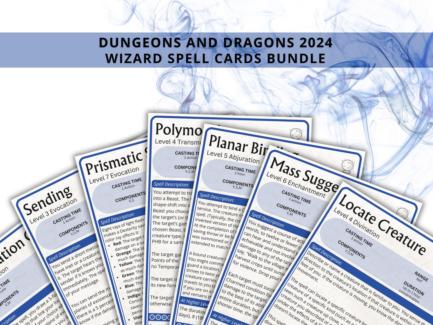 Wizard Spell Cards 5e: D&D Spell Book (Digital Download, 2024 Ruleset)