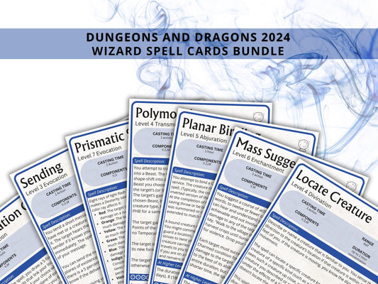 Wizard Spell Cards 5e: D&D Spell Book (Digital Download, 2024 Ruleset)