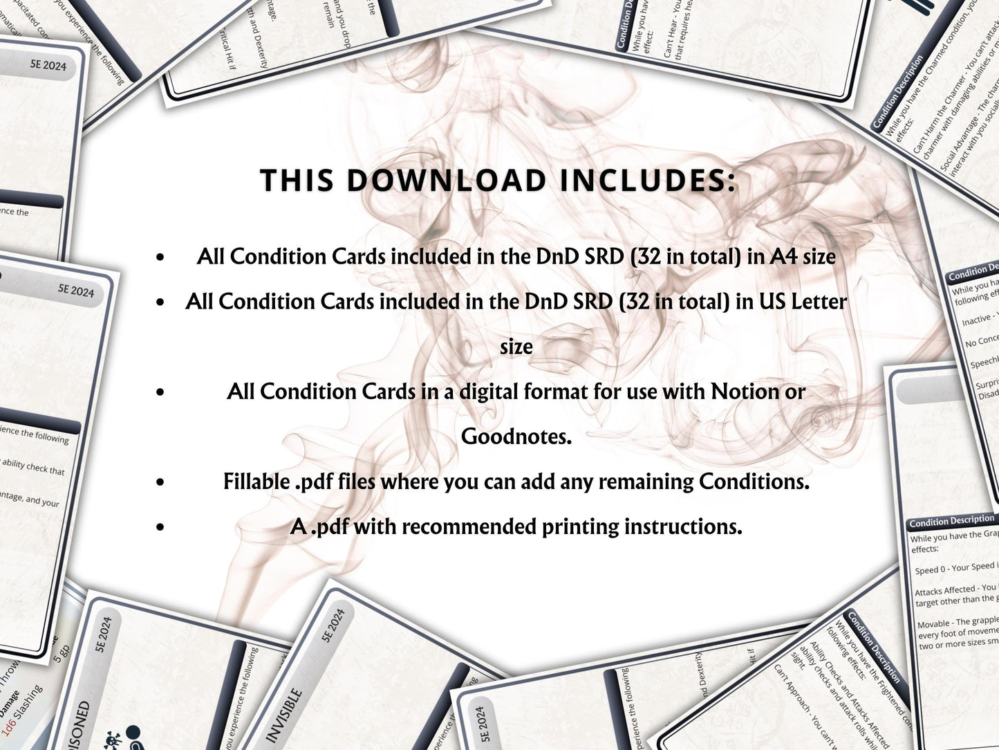 Printable DnD 5e Condition Cards, 2014 & 2024 Rules, Digital, DM Tools