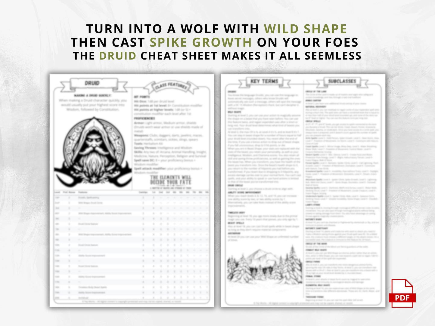 DnD 5e Druid Class Codex Printable | Druid Cheat Sheet | DnD Player Aid PDF | Tabletop RPG Reference