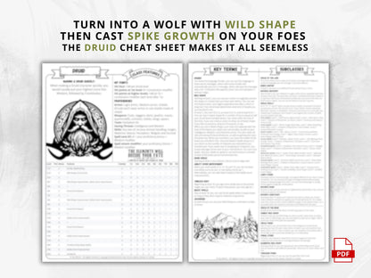 DnD 5e Druid Class Codex Printable | Druid Cheat Sheet | DnD Player Aid PDF | Tabletop RPG Reference