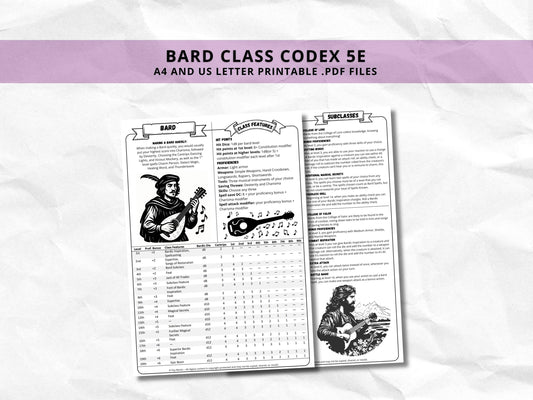 D&D Bard Class Bundle: 5e, 5.5e Spell Cards, Cheat Sheet (Digital Download)
