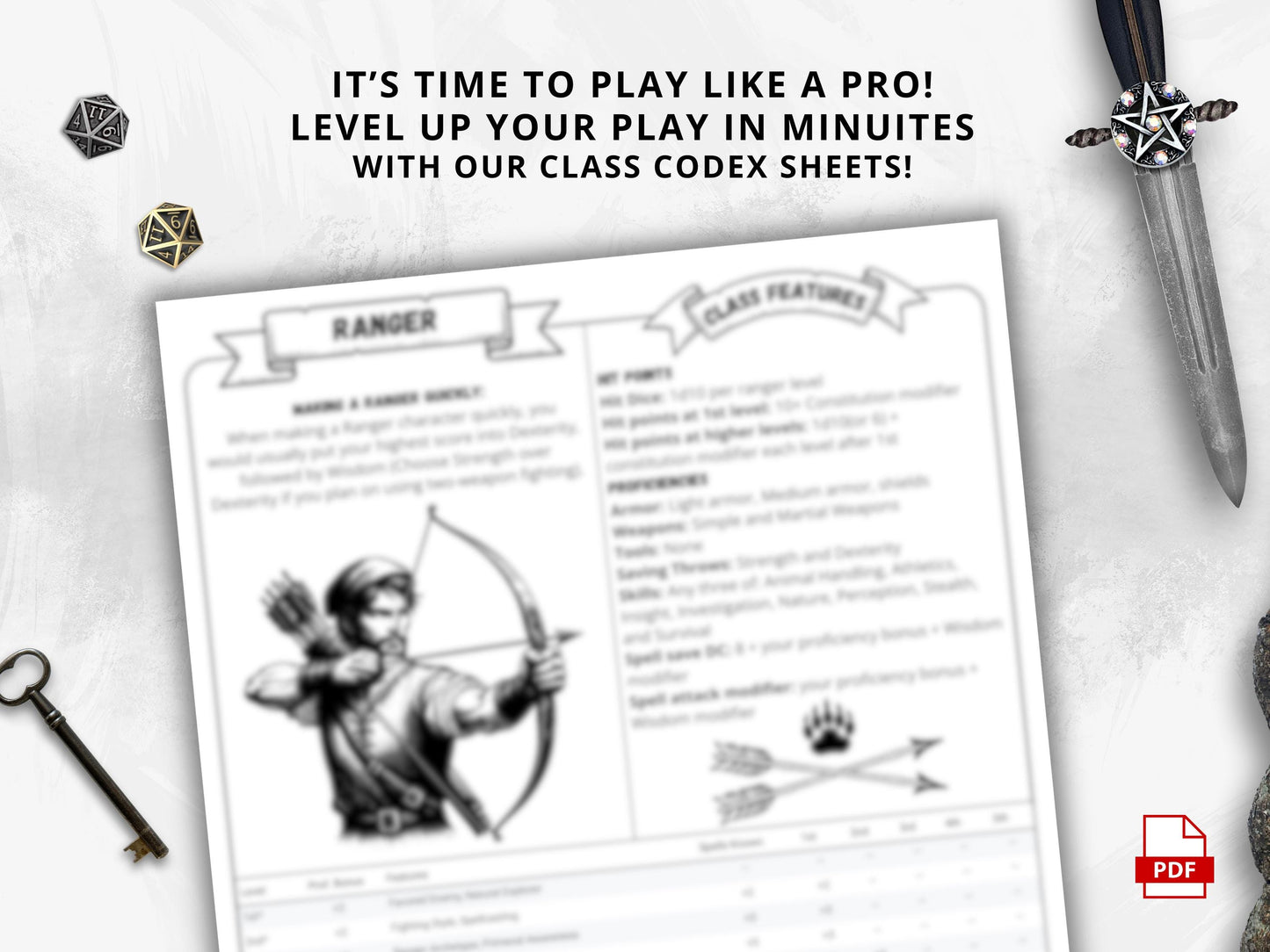 DnD 5e Ranger Class Codex | Printable Player Aid PDF (Reference Sheets)