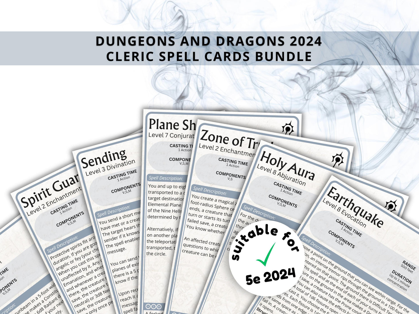 Cleric Spell Cards 5e: D&D Spell Book (Digital Download, 2024 Ruleset)