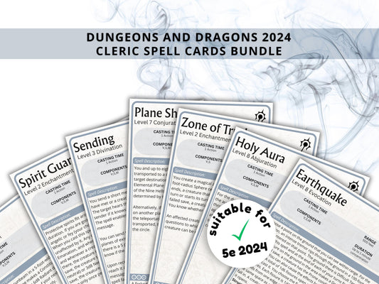 Cleric Spell Cards 5e: D&D Spell Book (Digital Download, 2024 Ruleset)