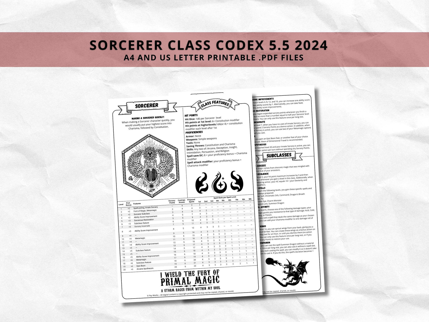 D&D Sorcerer Class Bundle: 5e, 5.5e Spell Cards, Cheat Sheet (Digital Download)