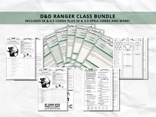 D&D Ranger Class Bundle: 5e, 5.5e Spell Cards, Cheat Sheet (Digital Download)