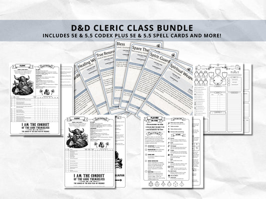 D&D Cleric Class Bundle: 5e, 5.5e Spell Cards, Cheat Sheet (Digital Download)