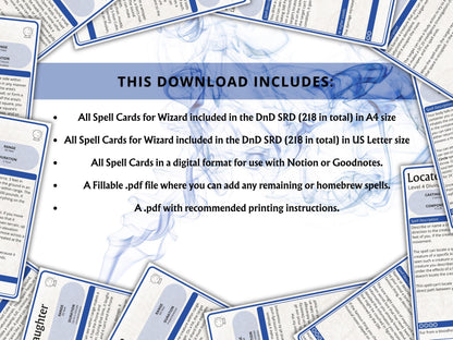 Wizard Spell Cards 5e: D&D Spell Book (Digital Download, 2024 Ruleset)