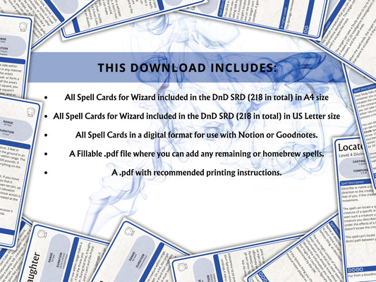 Wizard Spell Cards 5e: D&D Spell Book (Digital Download, 2024 Ruleset)