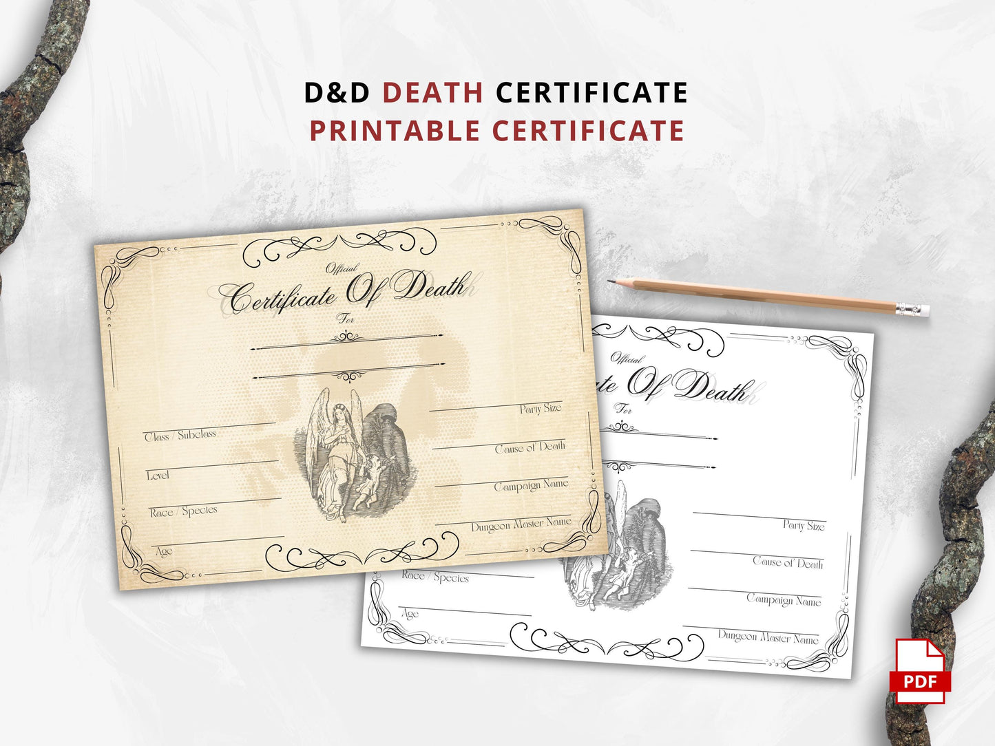 DnD Death Certificate, Printable TTRPG Character Sheet (PDF)