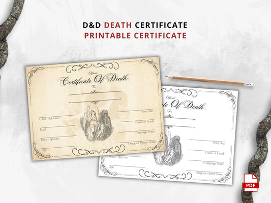 DnD Death Certificate, Printable TTRPG Character Sheet (PDF)