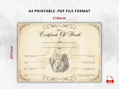DnD Death Certificate, Printable TTRPG Character Sheet (PDF)