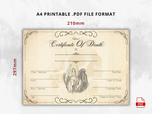 DnD Death Certificate, Printable TTRPG Character Sheet (PDF)