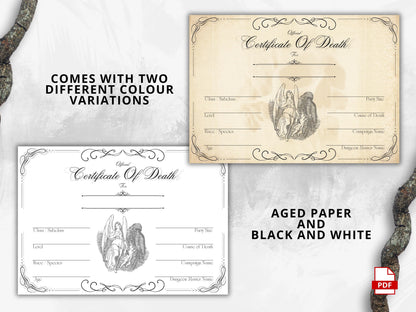 DnD Death Certificate, Printable TTRPG Character Sheet (PDF)
