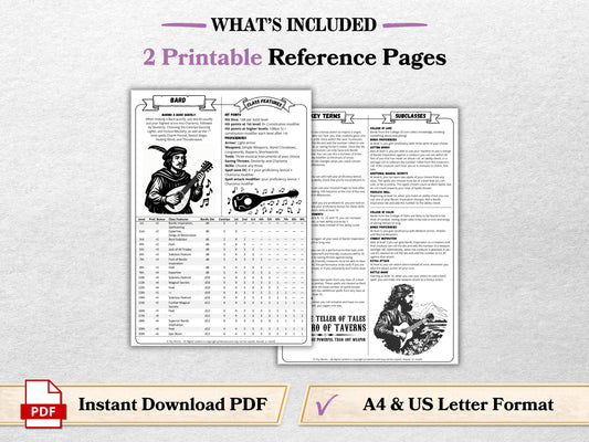 D&D 5e Bard Class Codex | Player Aid Cheat Sheet (PDF Download)
