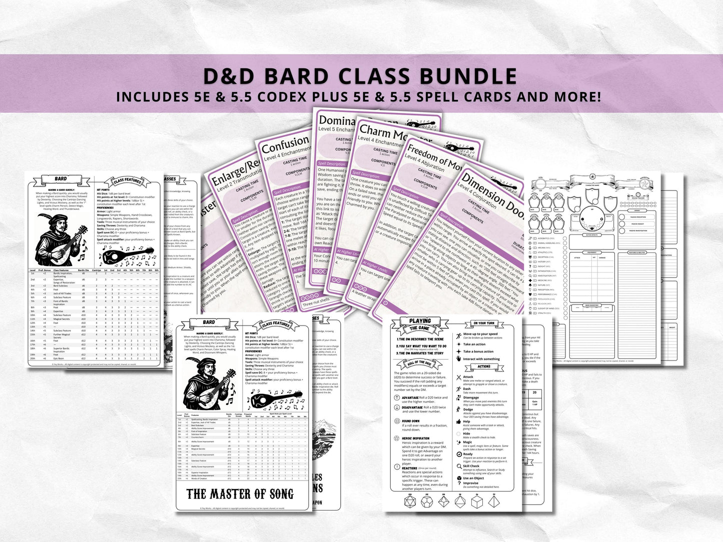 D&D Bard Class Bundle: 5e, 5.5e Spell Cards, Cheat Sheet (Digital Download)