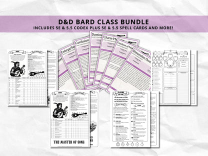 D&D Bard Class Bundle: 5e, 5.5e Spell Cards, Cheat Sheet (Digital Download)