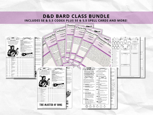D&D Bard Class Bundle: 5e, 5.5e Spell Cards, Cheat Sheet (Digital Download)