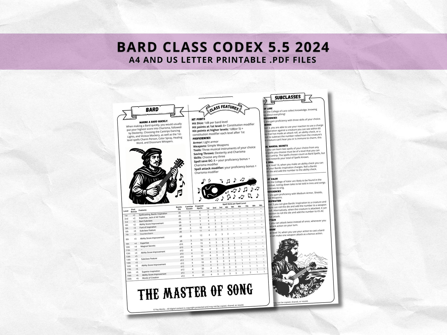 D&D Bard Class Bundle: 5e, 5.5e Spell Cards, Cheat Sheet (Digital Download)