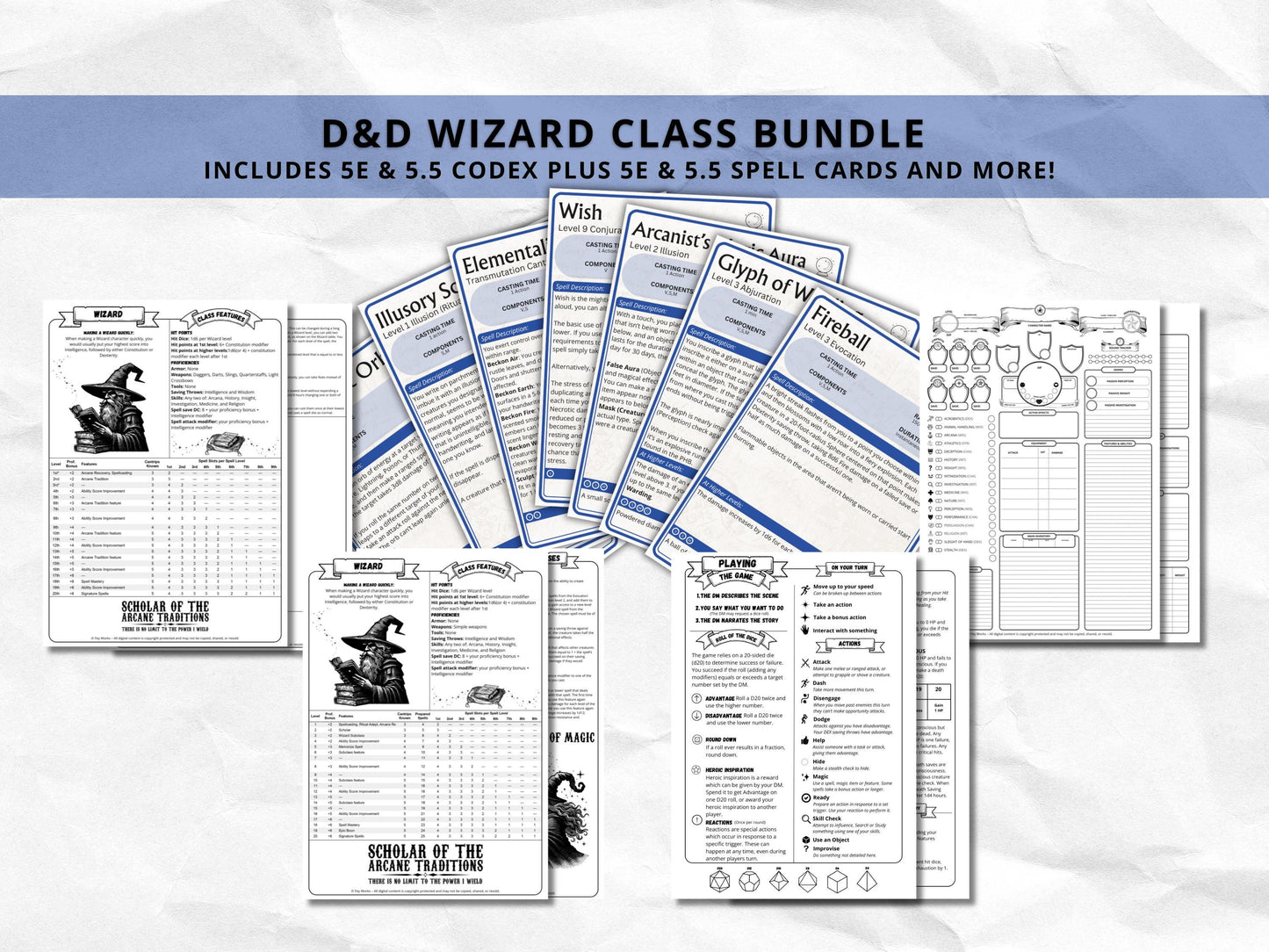 D&D Wizard Class Bundle: 5e, 5.5e Spell Cards, Cheat Sheet (Digital Download)