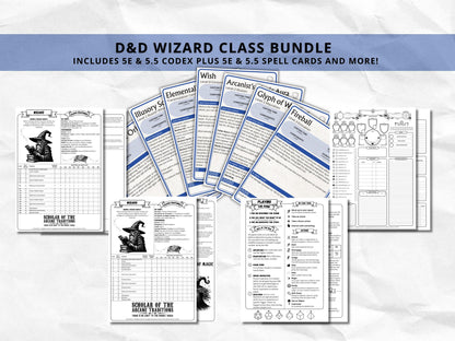 D&D Wizard Class Bundle: 5e, 5.5e Spell Cards, Cheat Sheet (Digital Download)