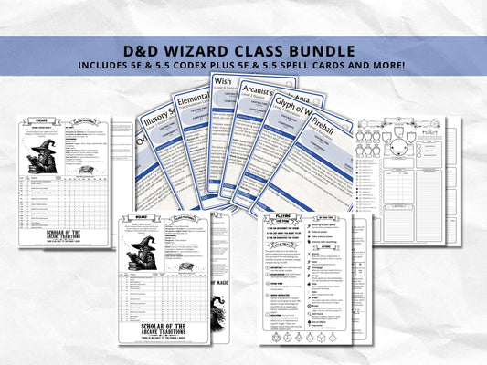 D&D Wizard Class Bundle: 5e, 5.5e Spell Cards, Cheat Sheet (Digital Download)