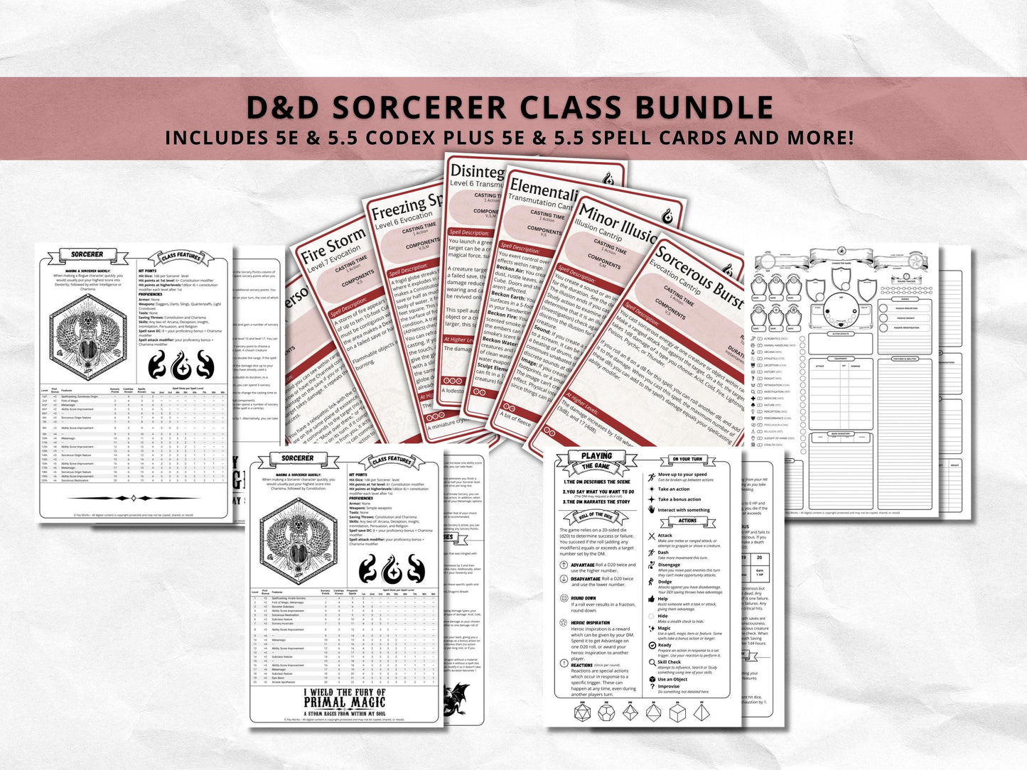 D&D Sorcerer Class Bundle: 5e, 5.5e Spell Cards, Cheat Sheet (Digital Download)