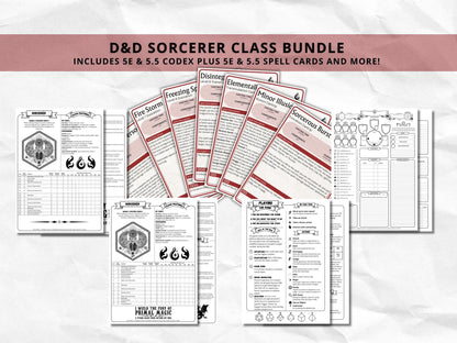 D&D Sorcerer Class Bundle: 5e, 5.5e Spell Cards, Cheat Sheet (Digital Download)