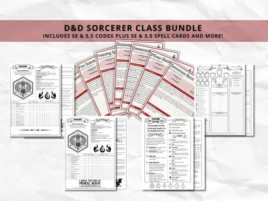 D&D Sorcerer Class Bundle: 5e, 5.5e Spell Cards, Cheat Sheet (Digital Download)