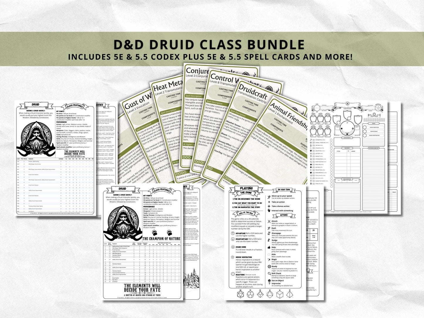 D&D Druid Class Bundle: 5e, 5.5e Spell Cards, Cheat Sheet (Digital Download)