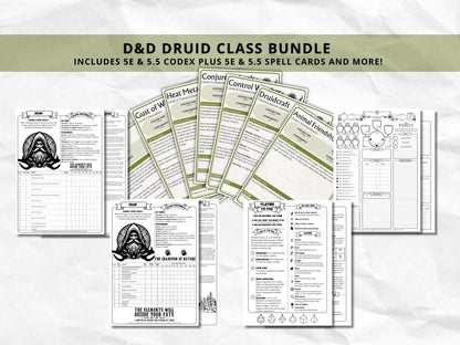 D&D Druid Class Bundle: 5e, 5.5e Spell Cards, Cheat Sheet (Digital Download)