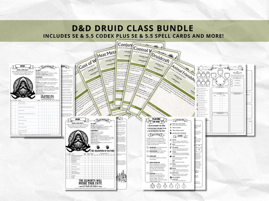 D&D Druid Class Bundle: 5e, 5.5e Spell Cards, Cheat Sheet (Digital Download)